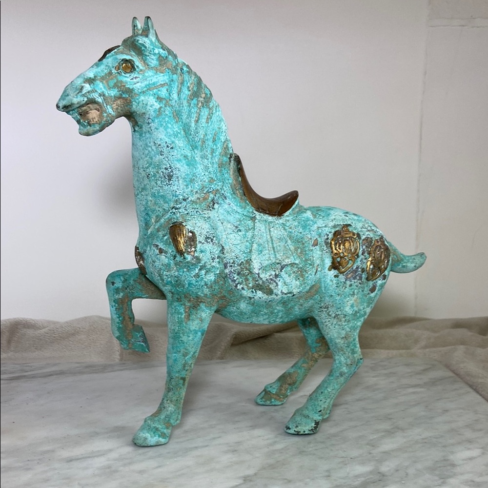 Elegant Antique Green Bronze Rustic Green Patina Horse Sculpture